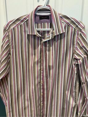 SAND Men’s Striped Dress Shirt — Cream, Brown, Pink & Blue